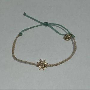 Pura Vida Bracelet Teal & White With Gold Ships Wheel Charm